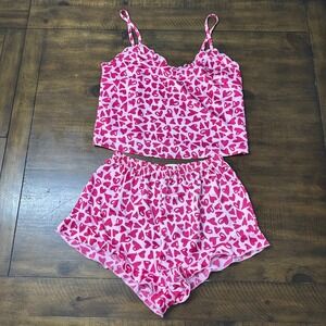 Colsie Pink Heart Print Pajama Set Cami and Ruffle Shorts Small RN17730